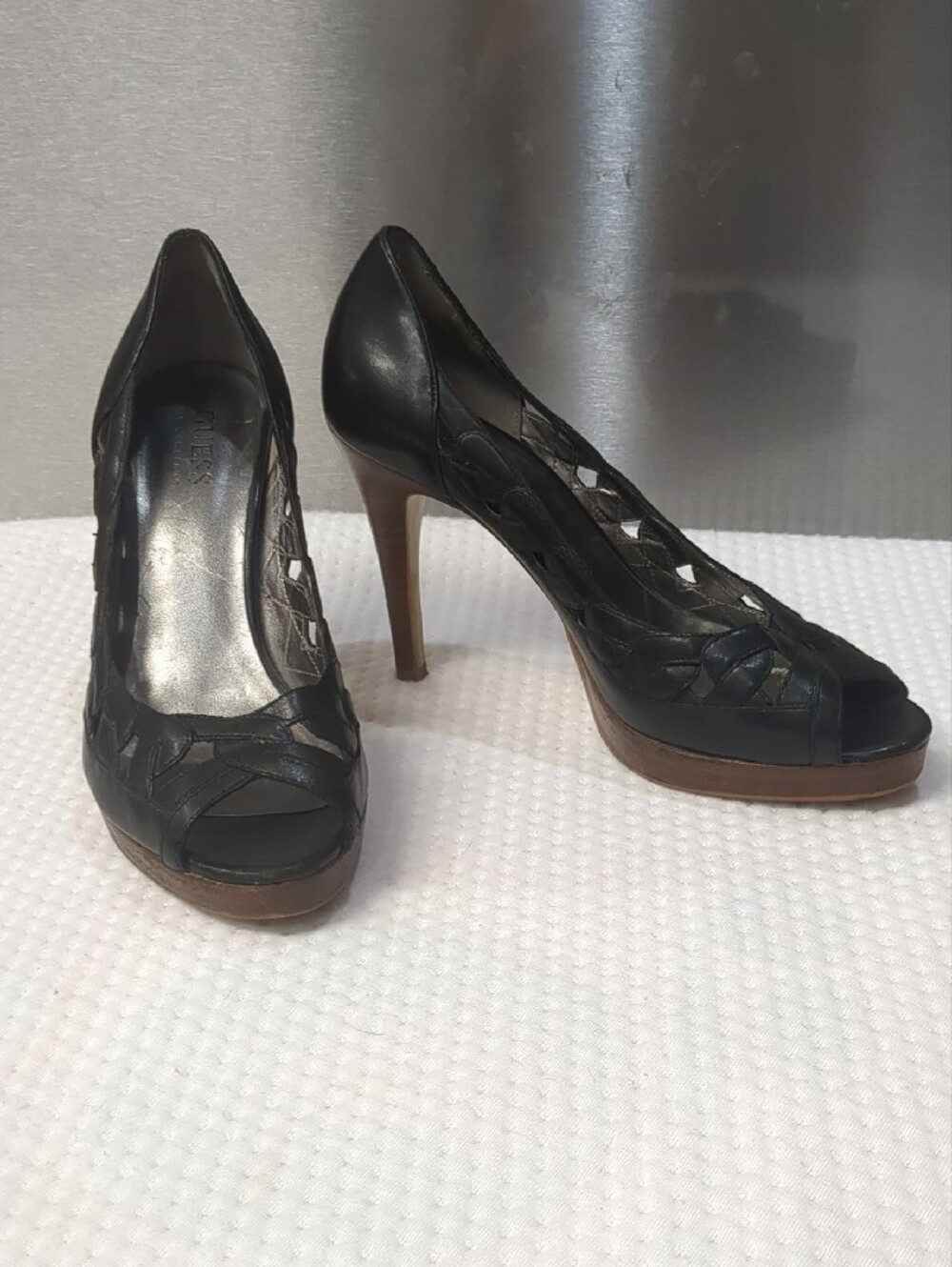 Guess by Marciano Black Leather Woven Peep-Toe Wood Platform Pumps, Size 7M